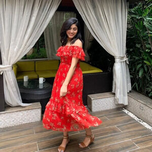 Zara Ruffle Tiered Midi Dress Blogger Fav Red Floral Size Medium